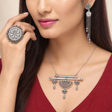 Navratri Oxidised Silver Jewellery Combo Set – Green Stone Earrings Fan Pendant Chain and Ring | Ethnic Style | Gift for Women