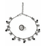 Navratri Oxidised Silver Jewellery Combo Set – Stone Floral Ring and Black Bead Anklet | Ethnic Style | Gift for Women