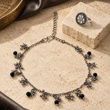 Navratri Oxidised Silver Jewellery Combo Set – Stone Floral Ring and Black Bead Anklet | Ethnic Style | Gift for Women