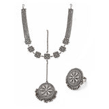 Navratri Oxidised Silver Jewellery Combo Set – Floral Maang Tikka and Ring | Ethnic Style | Gift for Women