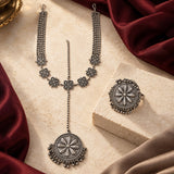 Navratri Oxidised Silver Jewellery Combo Set – Floral Maang Tikka and Ring | Ethnic Style | Gift for Women