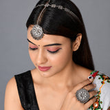 Navratri Oxidised Silver Jewellery Combo Set – Floral Maang Tikka and Ring | Ethnic Style | Gift for Women