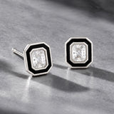 Men Collection Silver Finish American Diamond Octagonal Enamel Stud Earring for Everyday Styling