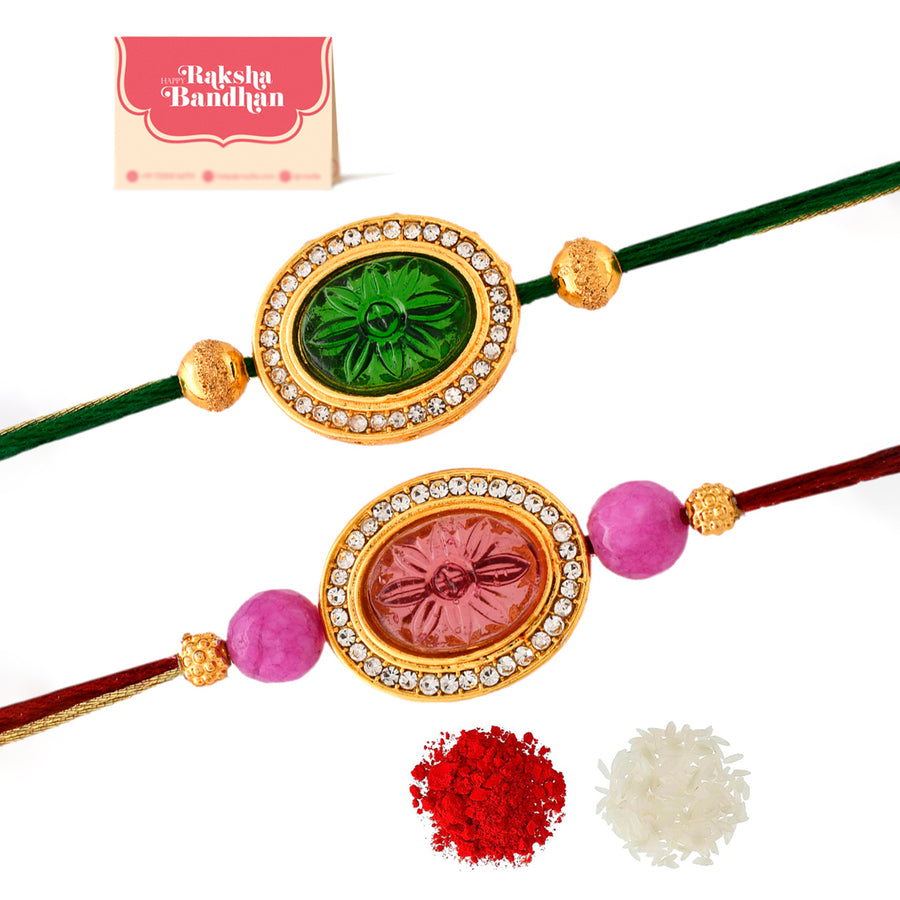Studded Pink And Green Thread Rakhis - Pack Of 2 | Voylla Rakhi
