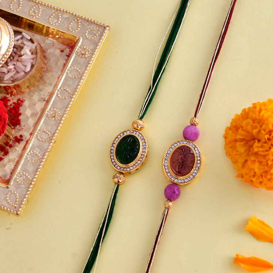 Studded Pink And Green Thread Rakhis - Pack Of 2 | Voylla Rakhi