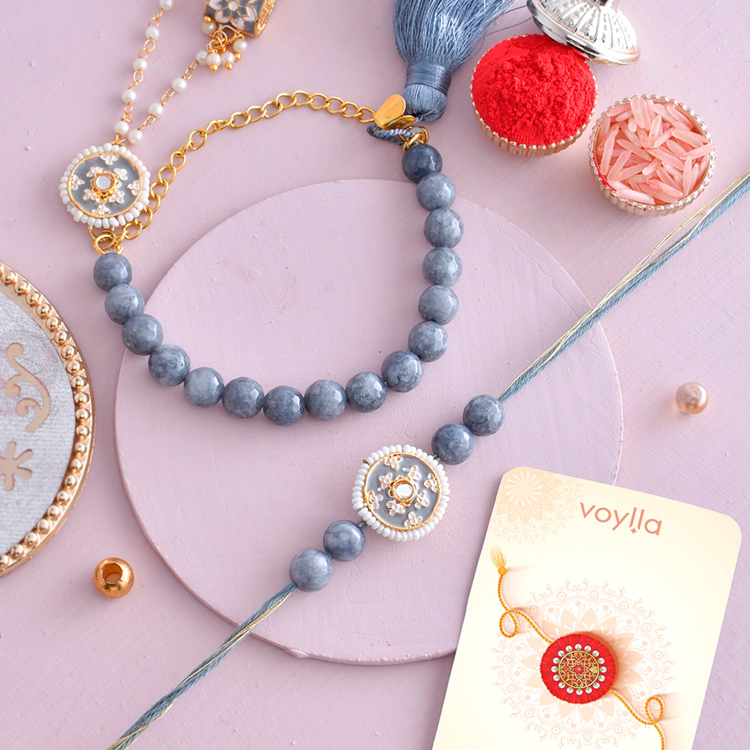 White Pearls Beaded And enamelled Bhaiya Bhabhi Lumba Rakhi's