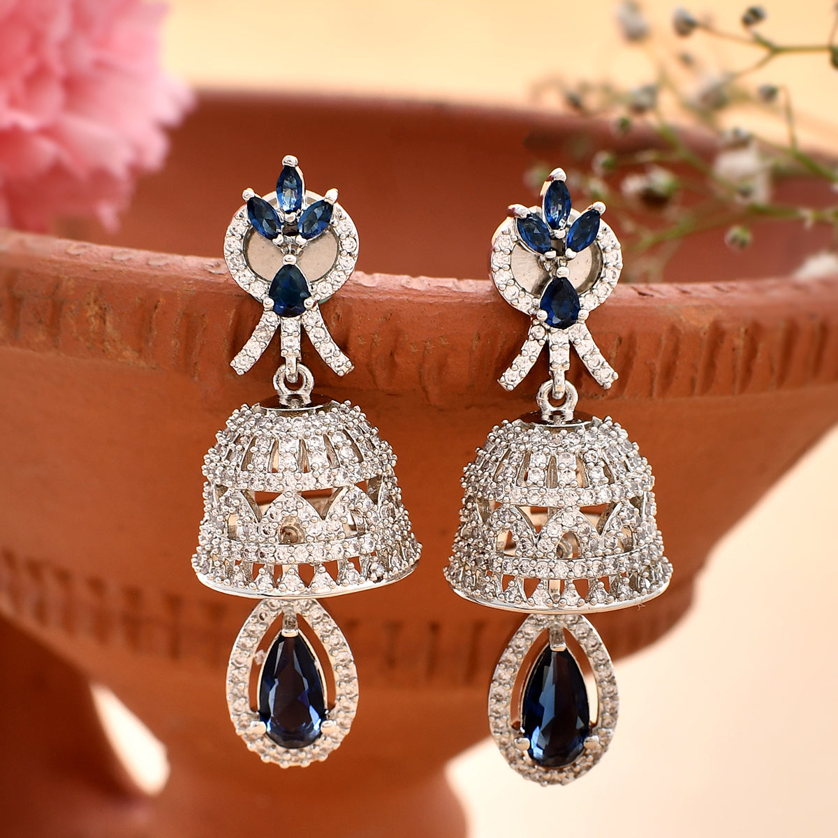 Sparkling Elegance Blue and White CZ Jhumka Earrings