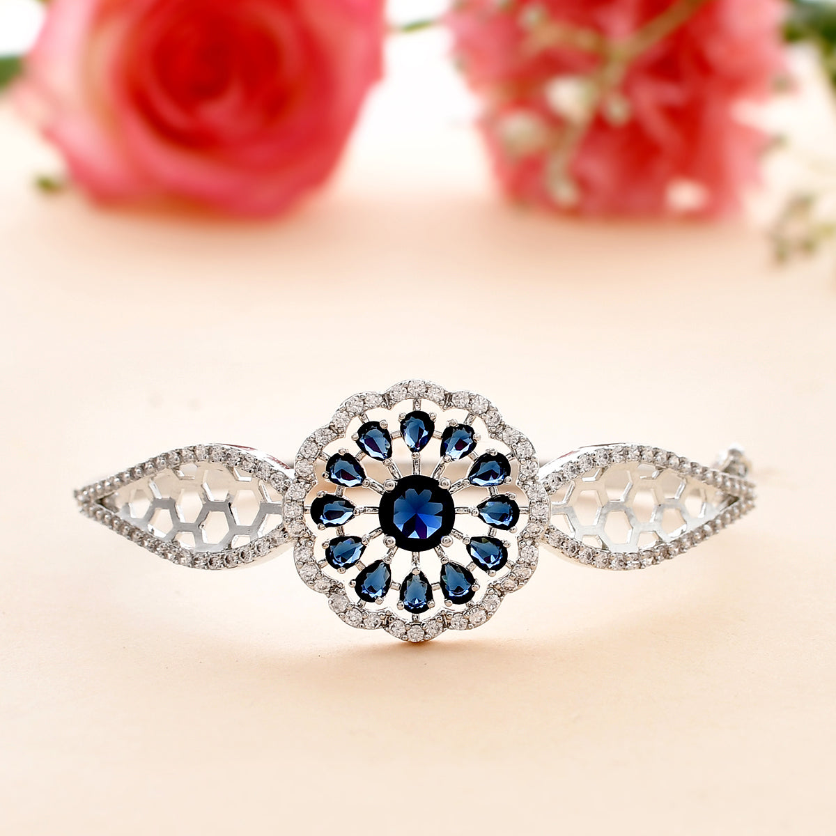 Sparkling Elegance Blue and White CZ Cutwork Bracelet
