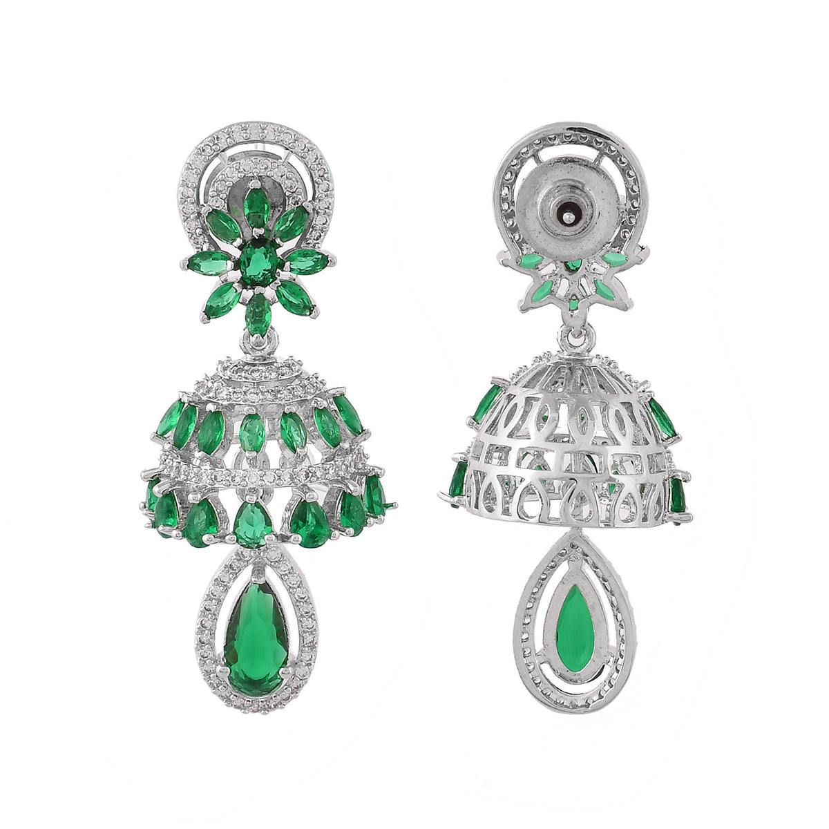 Sparkling Elegance Green and White CZ Jhumka Earrings