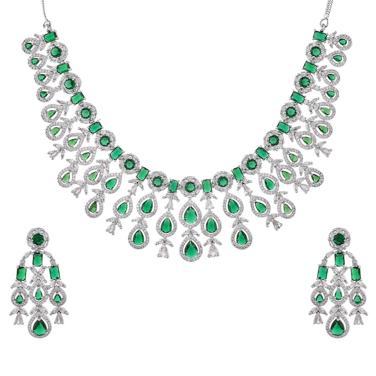 Sparkling Elegance Green and White CZ Cutwork Jewellery Set