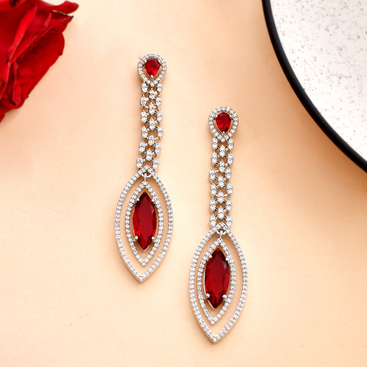 Sparkling Elegance Maroon and White CZ Chandelier Earrings