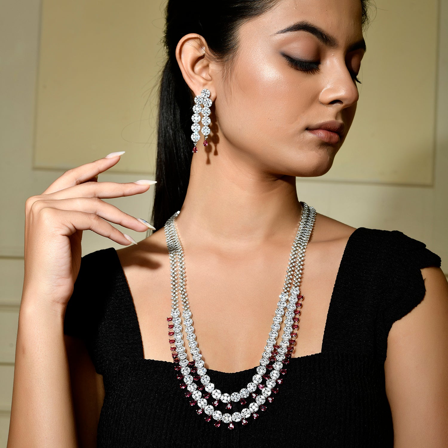 Sparkling Elegance Ruby Glimmer American Diamond Necklace Set – VOYLLA