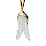 silver tone pendant with yellow and black thread strings