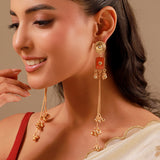 Kashmiri Orange Red Stone Gold-Toned Dangler Earrings