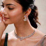 Sparkling Elegance Silver Lotus Fan CZ Necklace Set