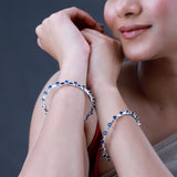 Sparkling Elegance Round Blue CZ Link Bangles - White Rhodium-Plated