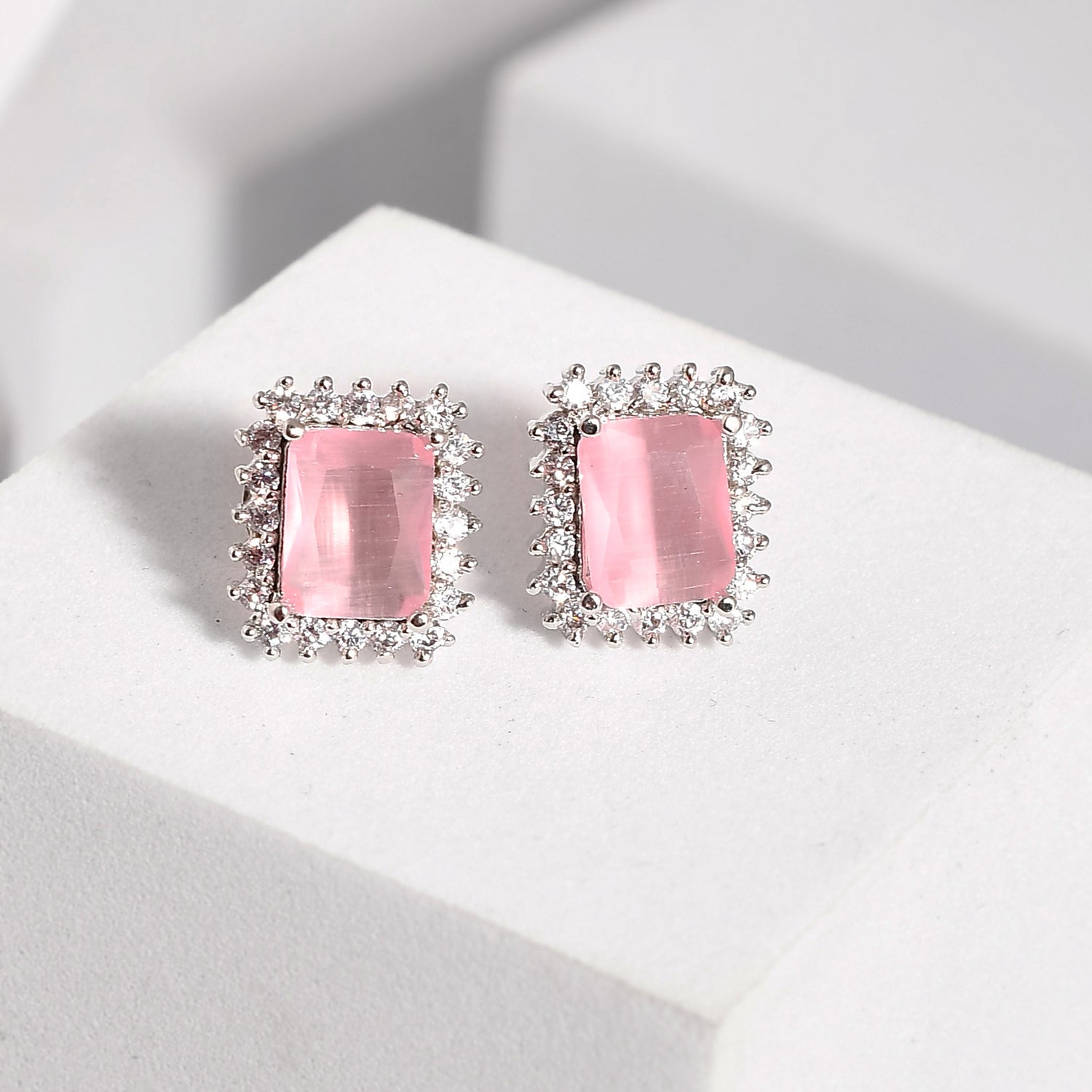 Sparkling Elegance Soft Pink American Diamond Studs Earrings – VOYLLA