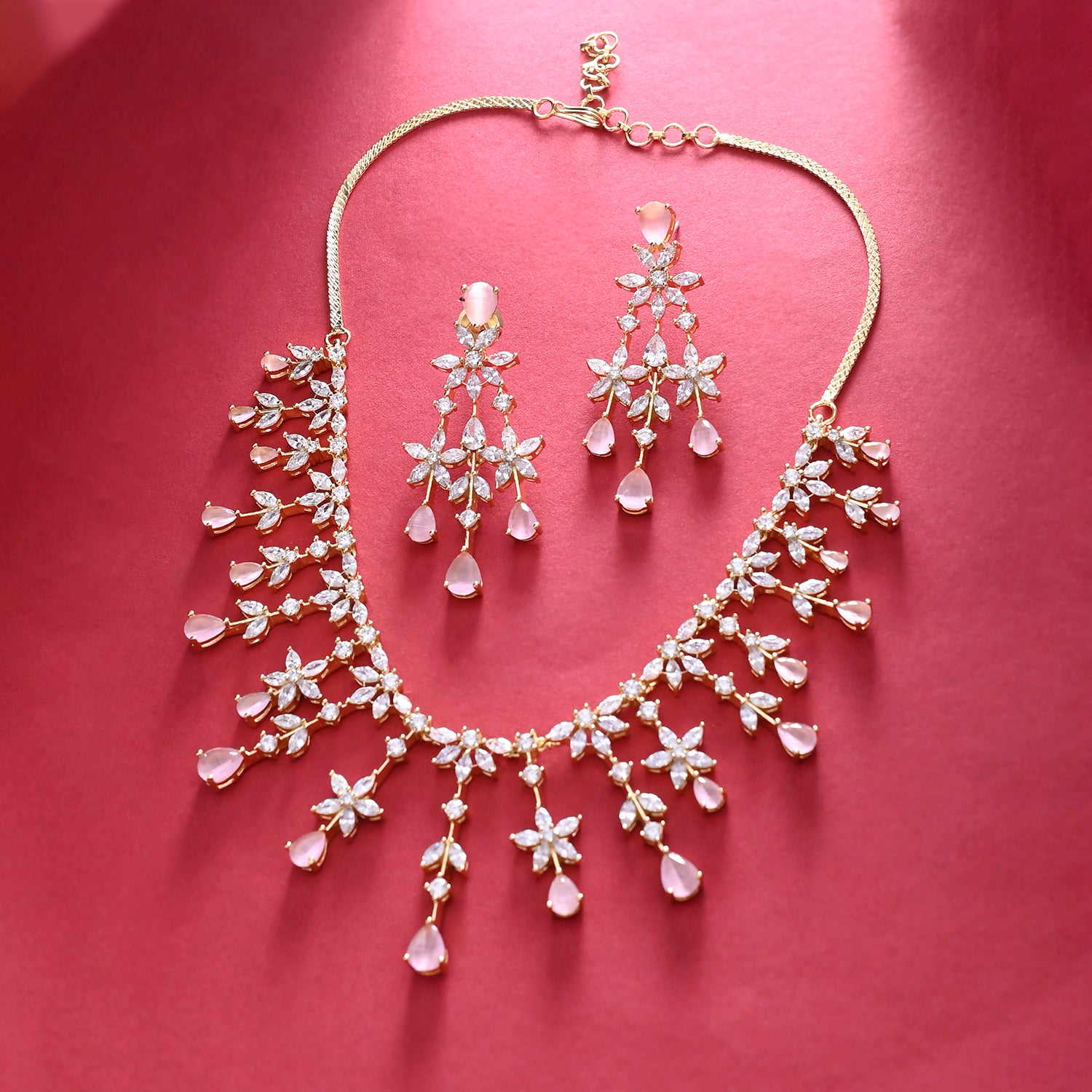 Sparkling Elegance Pale Pink And White Cluster Setting Cz Jewellery Set