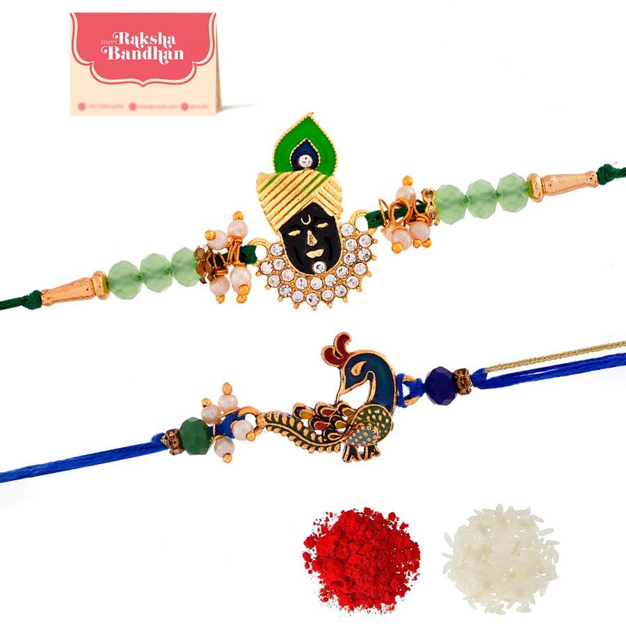 Pack of 2 Green Lord Krishna And Blue Peacock Rakhi | Voylla Rakhi