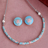 Enameled Elegance Silver Oxidized Blue Necklace Set