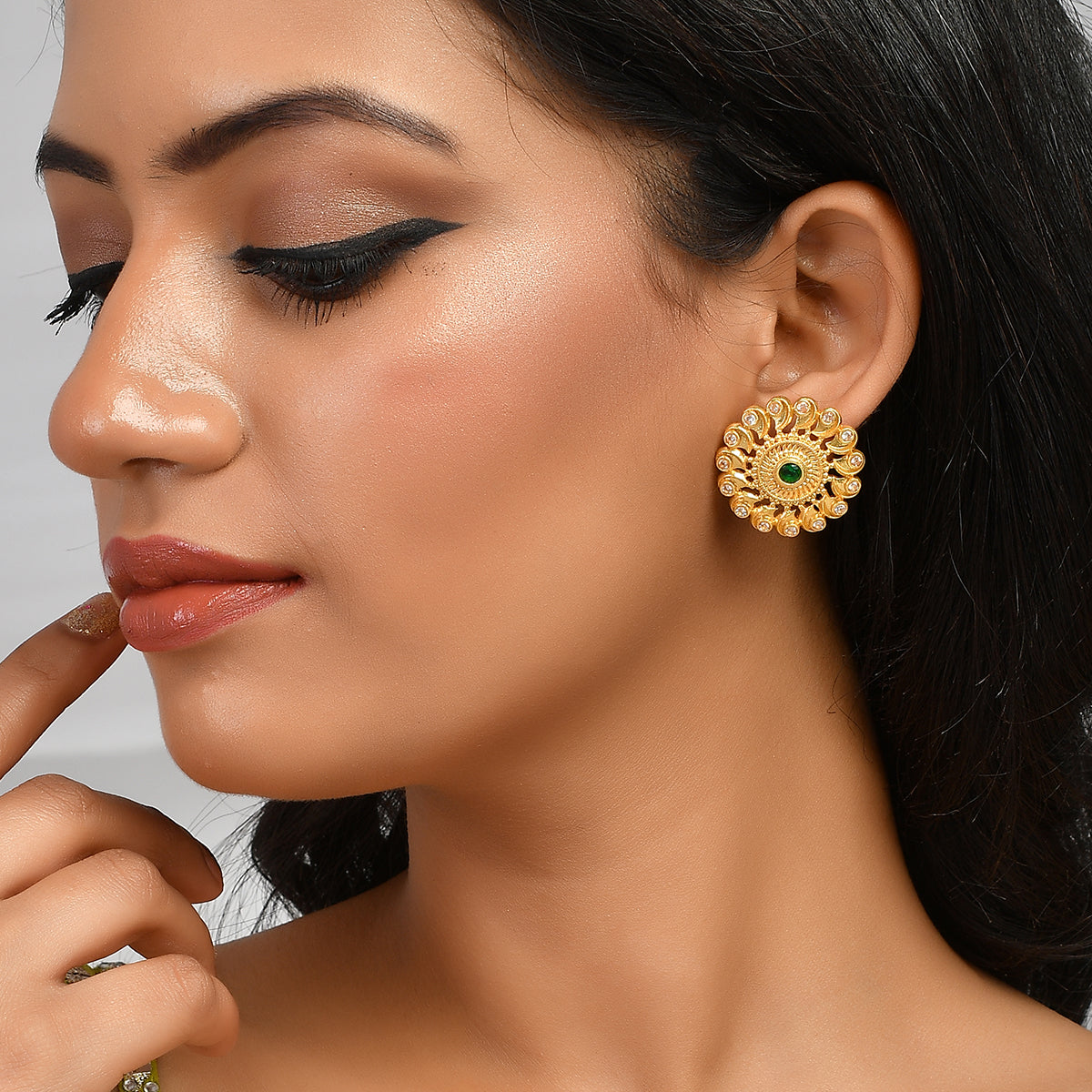 Abharan Green and White Stones Stud Earrings - Main Image