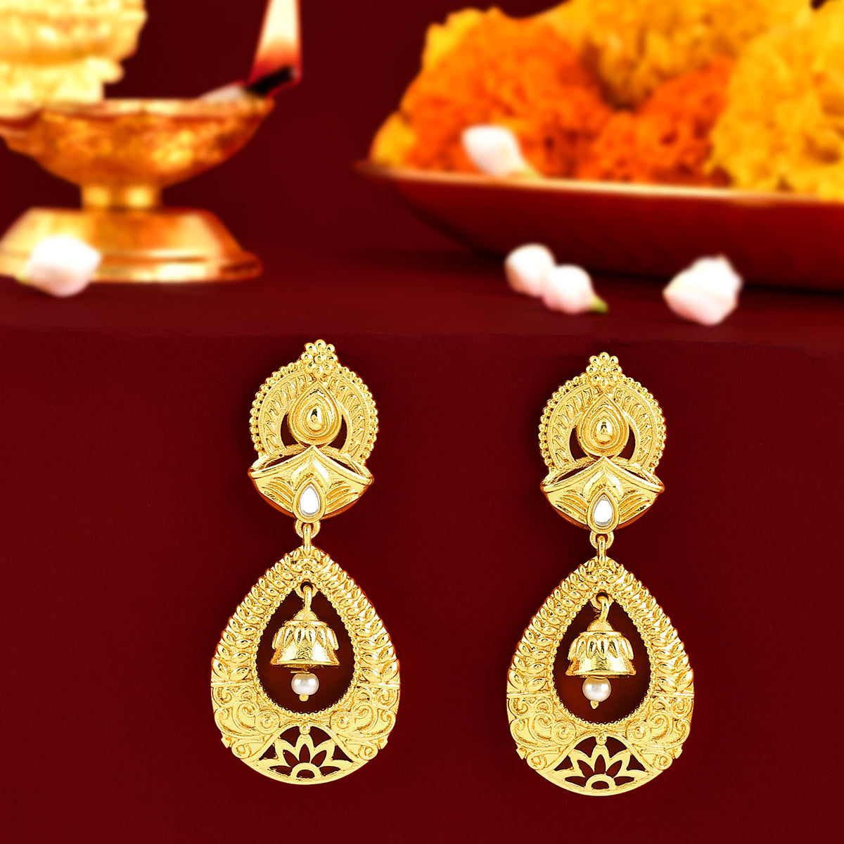 Filligree Embossed Design Gold Drop Earrings | Mahendra Jewellers Kolhapur