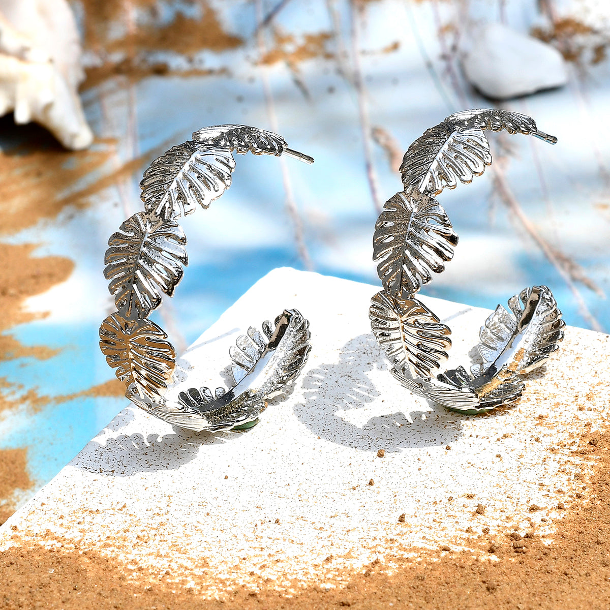 Hawaii Monstera Silver Hoops – VOYLLA - Main Image