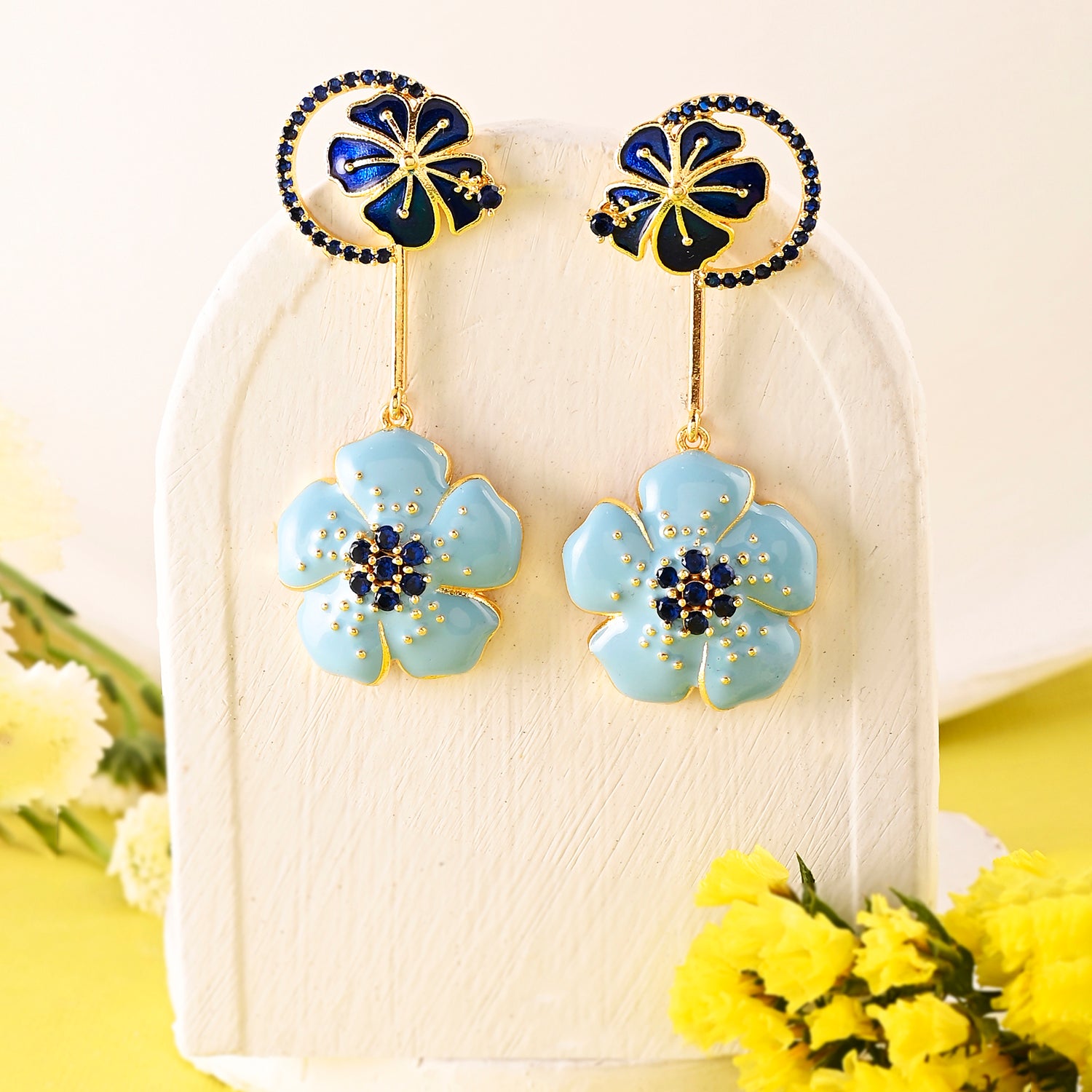 Flower Fantasy Ocean Blue Hibiscus Dangler Earrings