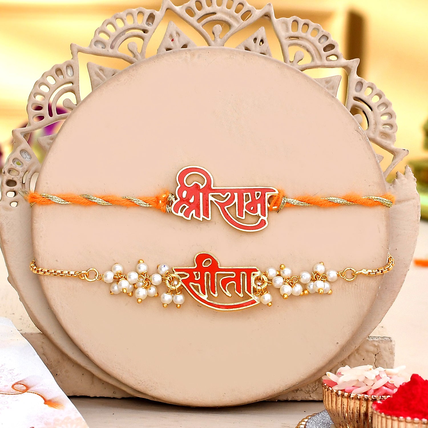 Zoom the image with mouse Sita-Ram Vermilion Enamel Lumba Rakhi Combo For Bhaiya Bhabhi