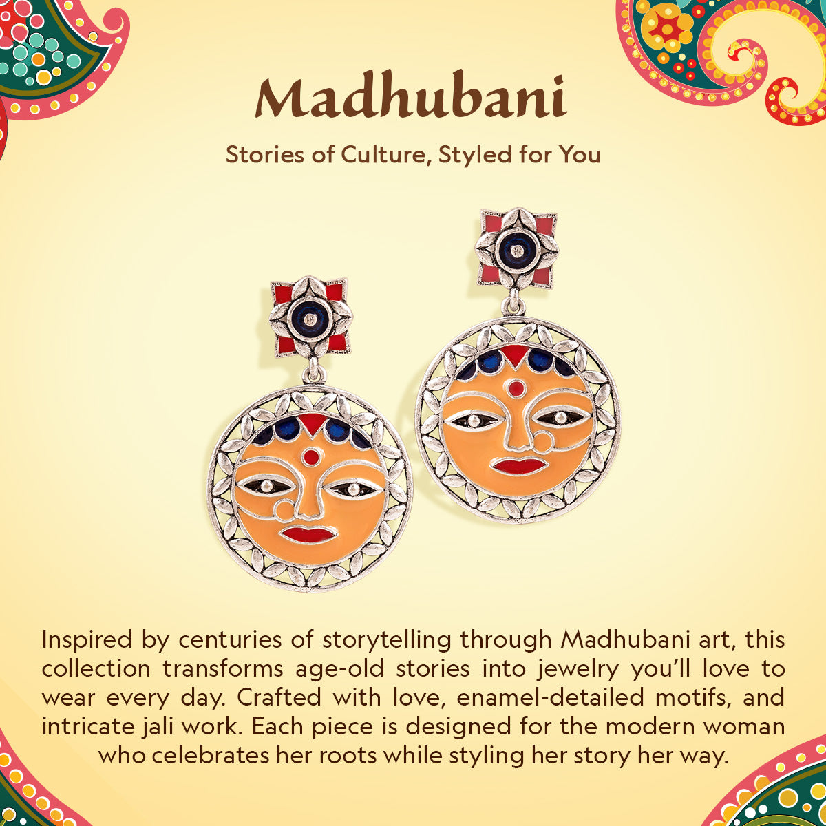 Madhubani Phoolkari Fables Oxidised Enamel Earrings