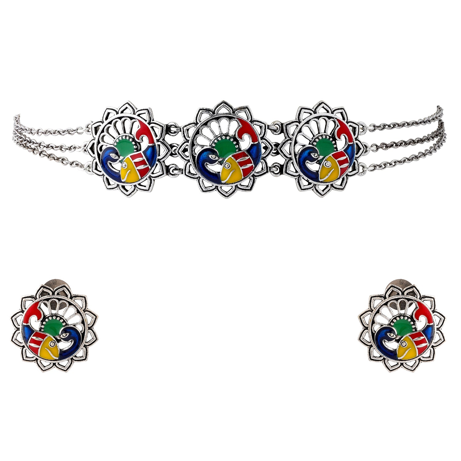 Madhubani Matsya Mayur Oxidised Enamel Choker Necklace Set