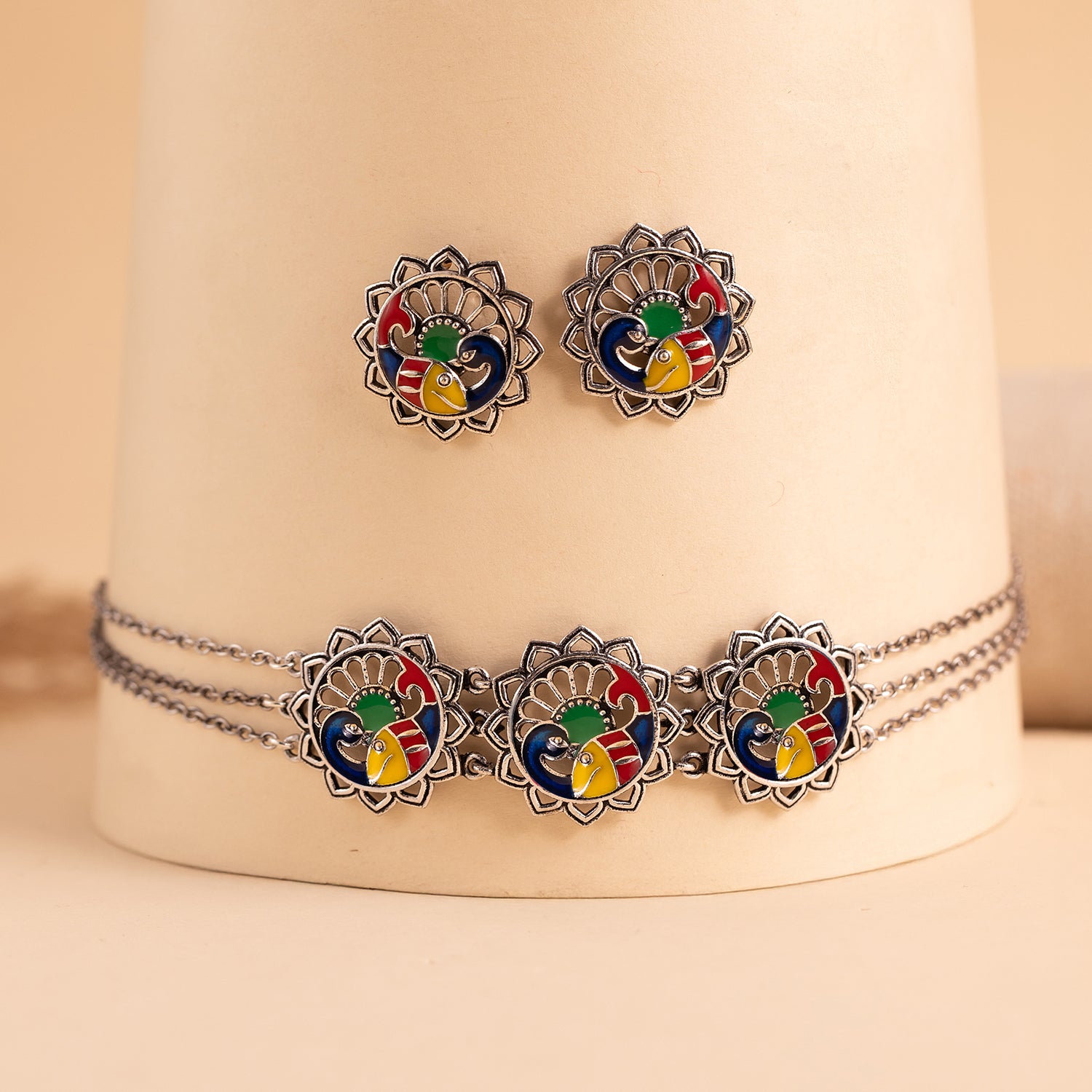 Madhubani Matsya Mayur Oxidised Enamel Choker Necklace Set