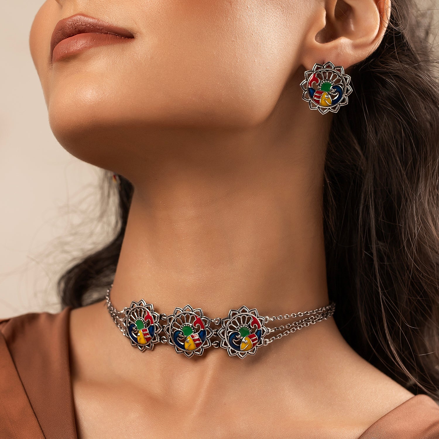 Madhubani Matsya Mayur Oxidised Enamel Choker Necklace Set