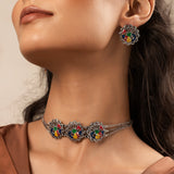 Madhubani Matsya Mayur Oxidised Enamel Choker Necklace Set