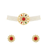 Navratan Crimson Bloom Choker Necklace Set