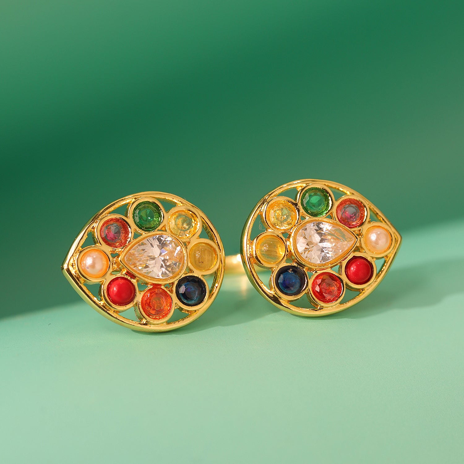 Navratan Pear Of Divinity Two Finger Ring