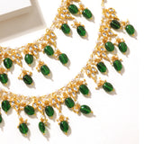 Pearl Elegance Emerald Green Drop Ethnic Earrings Chain Set