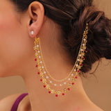 Pearl Elegance Royal Pink Floral Drop Ethnic Earrings Chain Set