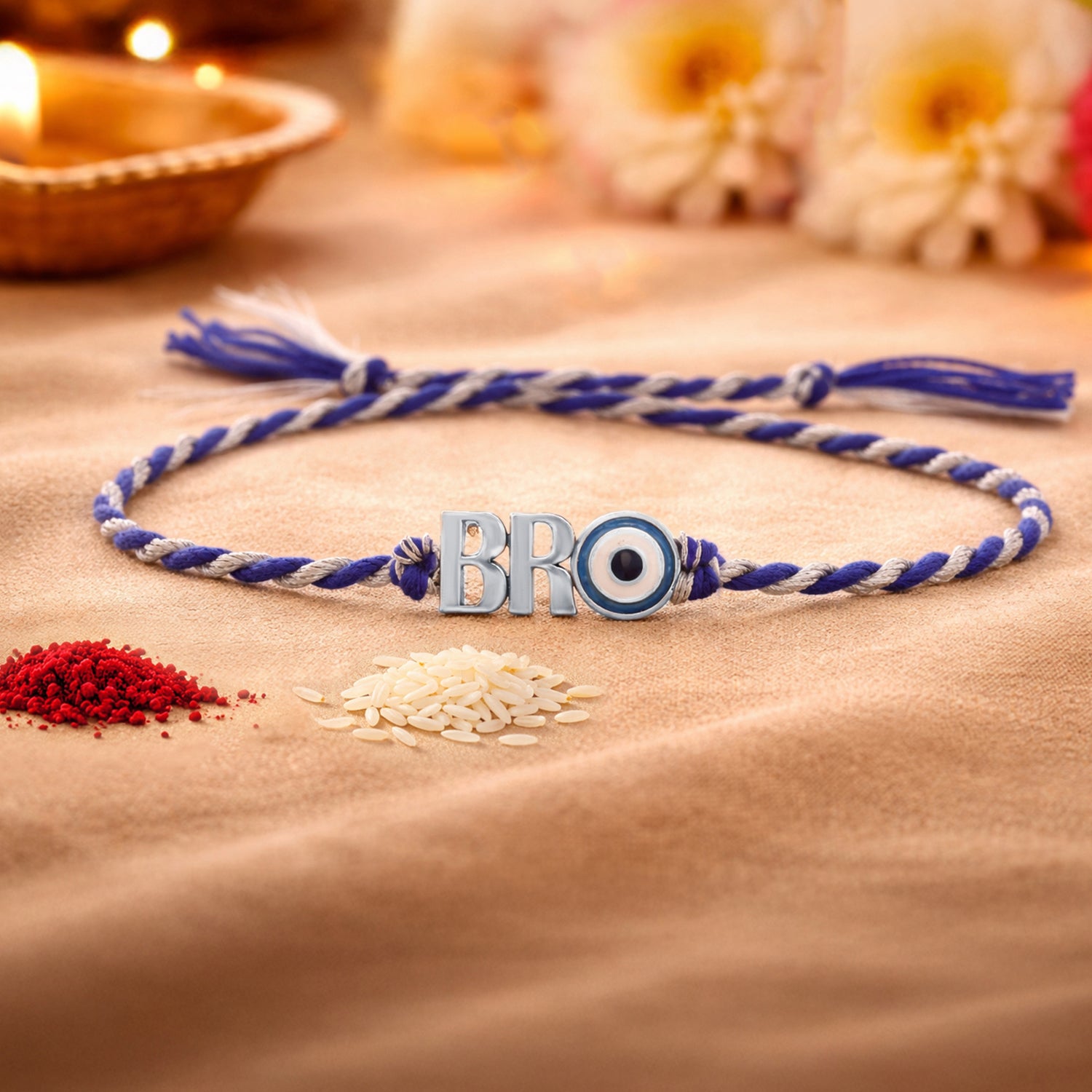 Evil eye rakhi on wrist, casual styling