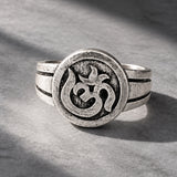 Men Collection Carved Om Symbol Round Face Adjustable Silver Tone Brass Finger Ring for Men Spiritual Design
