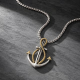 Men Collection Two Tone Anchor and Infinity Rope Pendant Necklace on a Fine Oxidised Silver Chain for Everyday Classic Wear