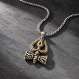 Men Collection Two Tone Trishul and Damru Shiv Symbol Pendant Necklace on a Fine Silver Tone Chain for Everyday and Religious Wear