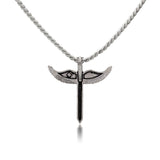 Men Collection Oxidised Silver Angel Wing and Sword Pendant Necklace on a Fine Rope Chain for Modern Everyday Wear
