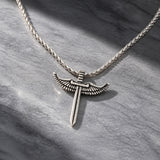Men Collection Oxidised Silver Angel Wing and Sword Pendant Necklace on a Fine Rope Chain for Modern Everyday Wear