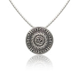 Men Collection Oxidised Silver Om Pendant Necklace with Engraved Greek Key Border on a Fine Rope Chain for Everyday and Religious Wear