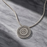 Men Collection Oxidised Silver Om Pendant Necklace with Engraved Greek Key Border on a Fine Rope Chain for Everyday and Religious Wear