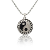 Men Collection Oxidised Silver Yin Yang Pendant Necklace with Engraved Sunburst Border and Black Enamel Detail on a Fine Rope Chain for Everyday Wear