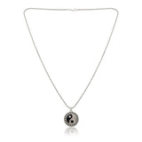 Men Collection Oxidised Silver Yin Yang Pendant Necklace with Engraved Sunburst Border and Black Enamel Detail on a Fine Rope Chain for Everyday Wear