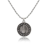 Men Collection Oxidised Silver Yin Yang Pendant Necklace with Engraved Sunburst Border and Black Enamel Detail on a Fine Rope Chain for Everyday Wear