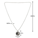 Men Collection Oxidised Silver Yin Yang Pendant Necklace with Engraved Sunburst Border and Black Enamel Detail on a Fine Rope Chain for Everyday Wear